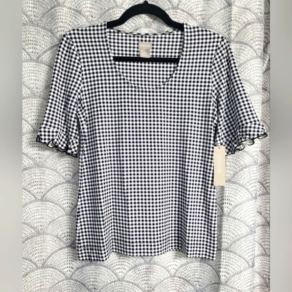 Chico's Black and White Gingham Knit Top with Ruffle Sleeves Size 0/2